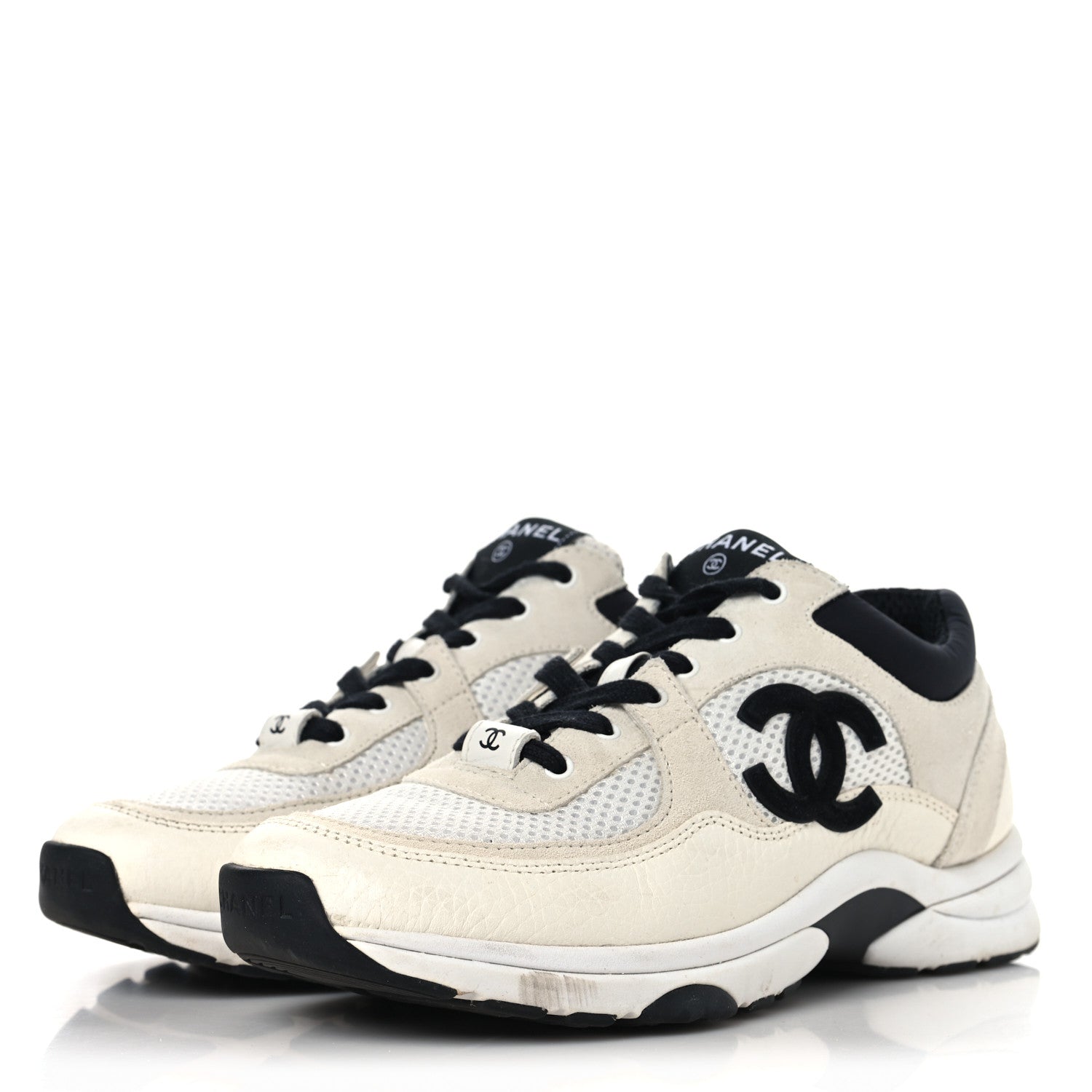 Chanel Mesh Suede Calfskin Grained Calfskin Womens CC Sneakers 37.5 White Black 4 of 8