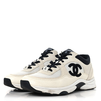 Chanel Mesh Suede Calfskin Grained Calfskin Womens CC Sneakers 37.5 White Black 4 of 8