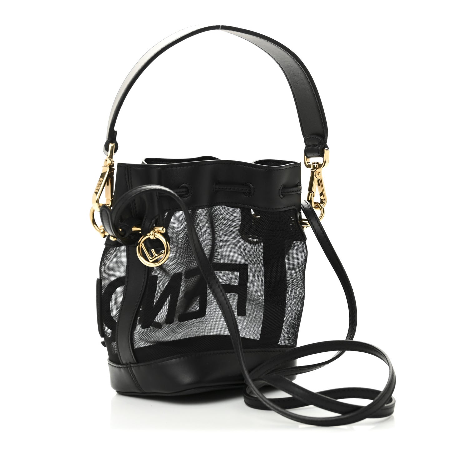 Mesh Vitello King F is Fendi Logo Embroidered Mini Mon Tresor Bucket Bag Black