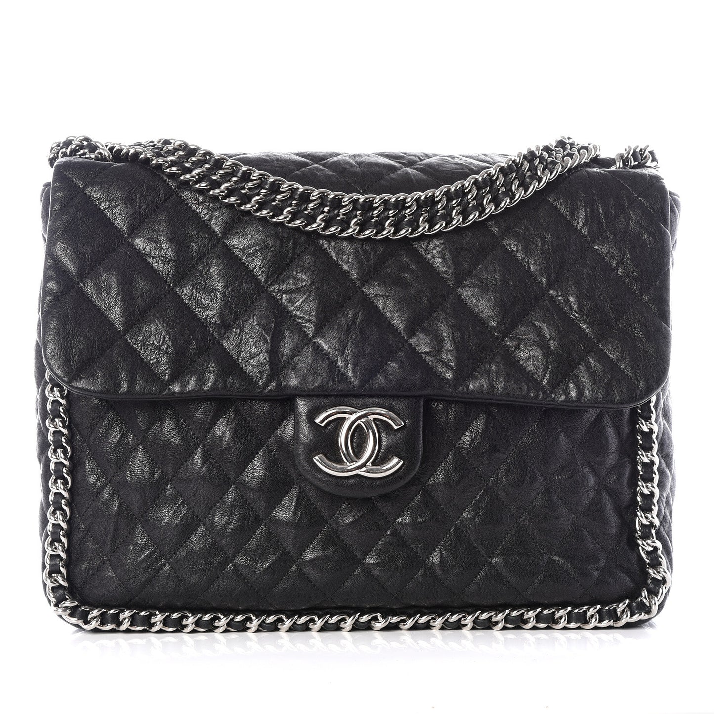 Washed Lambskin Quilted Maxi Chain Around Flap Black