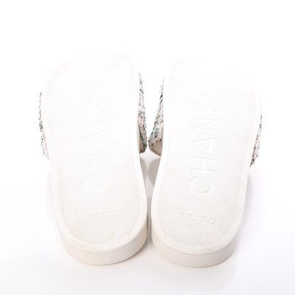 Chanel Tweed Grosgrain Camellia Flat Sandals 39 Ivory Ecru Green 5 of 9