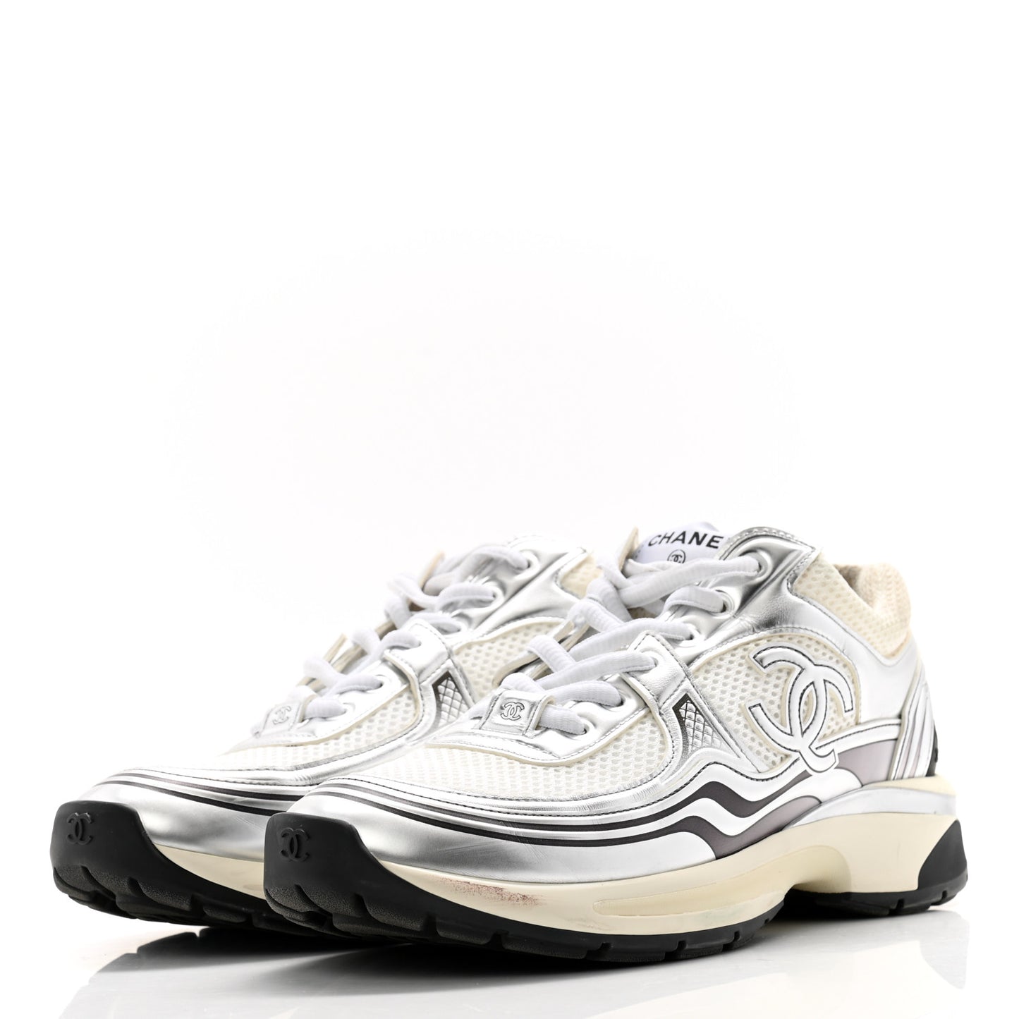 Fabric Laminated Calfskin Stretch CC Womens Sneakers 39.5 White Silver