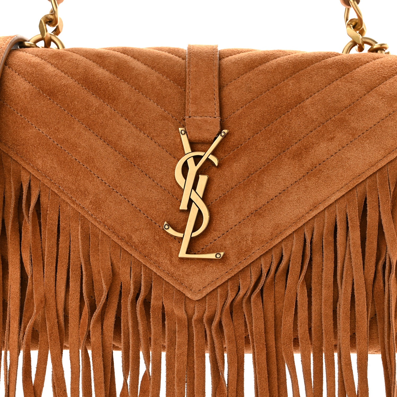 Saint Laurent Suede Matelasse Chevron Fringe Monogram Medium College Bag Brown 8 of 10