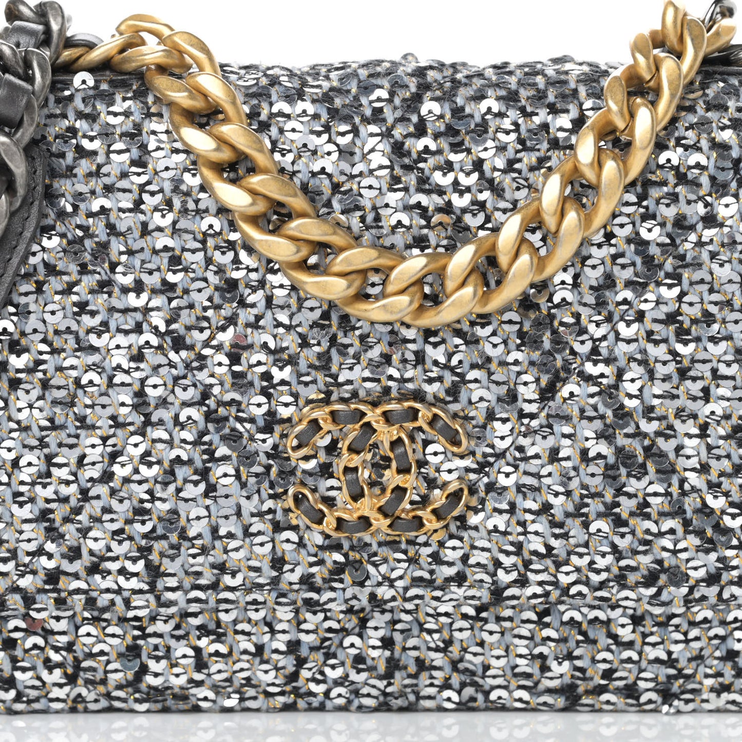 Sequin Quilted Chanel 19 Wallet On Chain WOC Silver