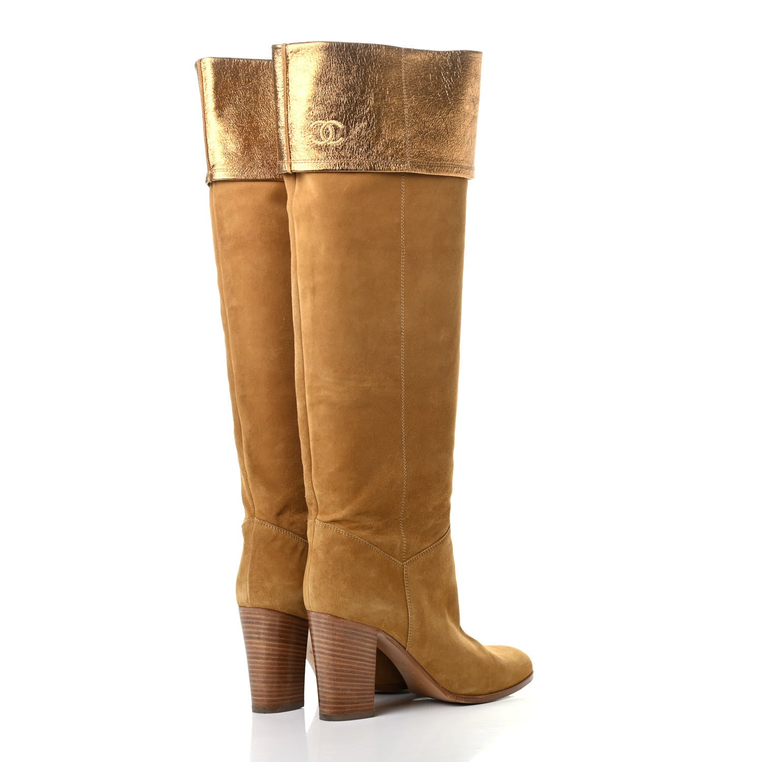 Chanel Kid Suede Metallic Lambskin CC Fold Over Knee High Boots 38.5 Dark beige 3 of 4