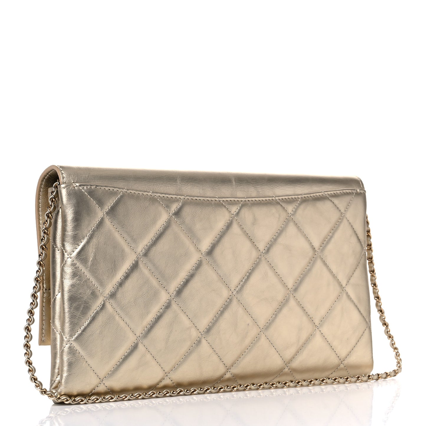 Metallalized Calfskin Quilted Retro Label Clutch Light Gold