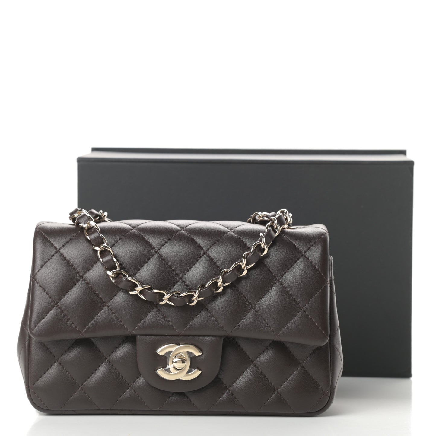 Lambskin Quilted Mini Rectangular Flap Dark Brown