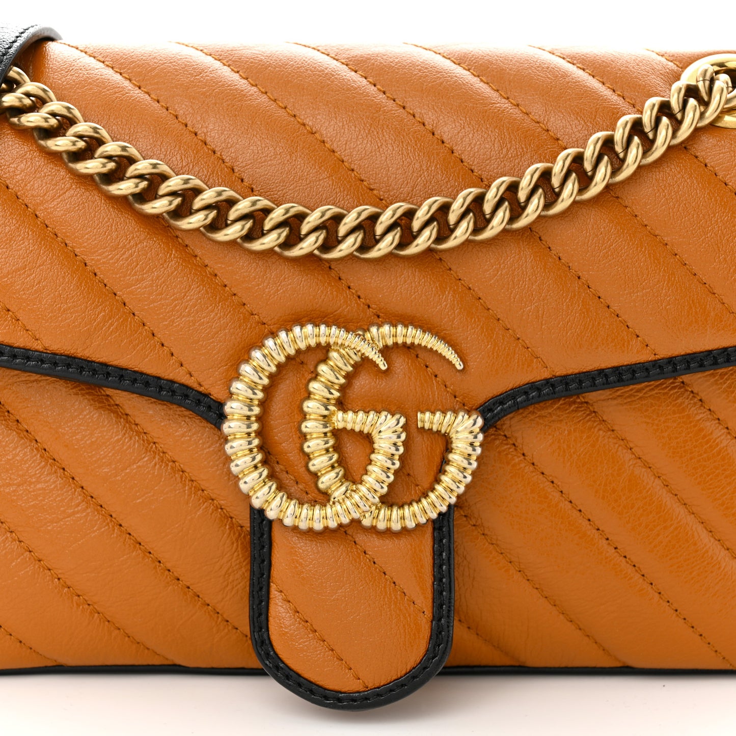 Vintage Effect Calfskin Matelasse Diagonal Small Torchon GG Marmont Shoulder Bag Cognac Black