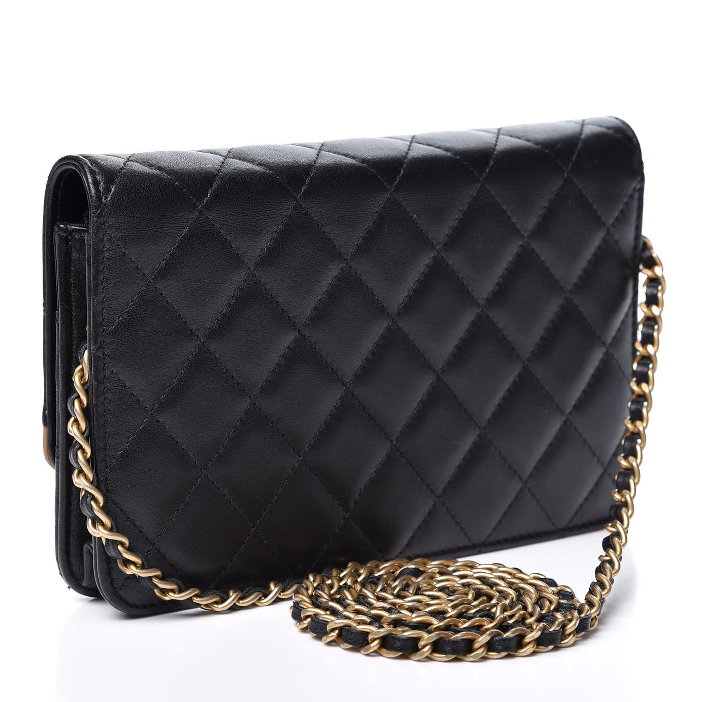 Lambskin Quilted CC Chic Wallet on Chain WOC Black Gold
