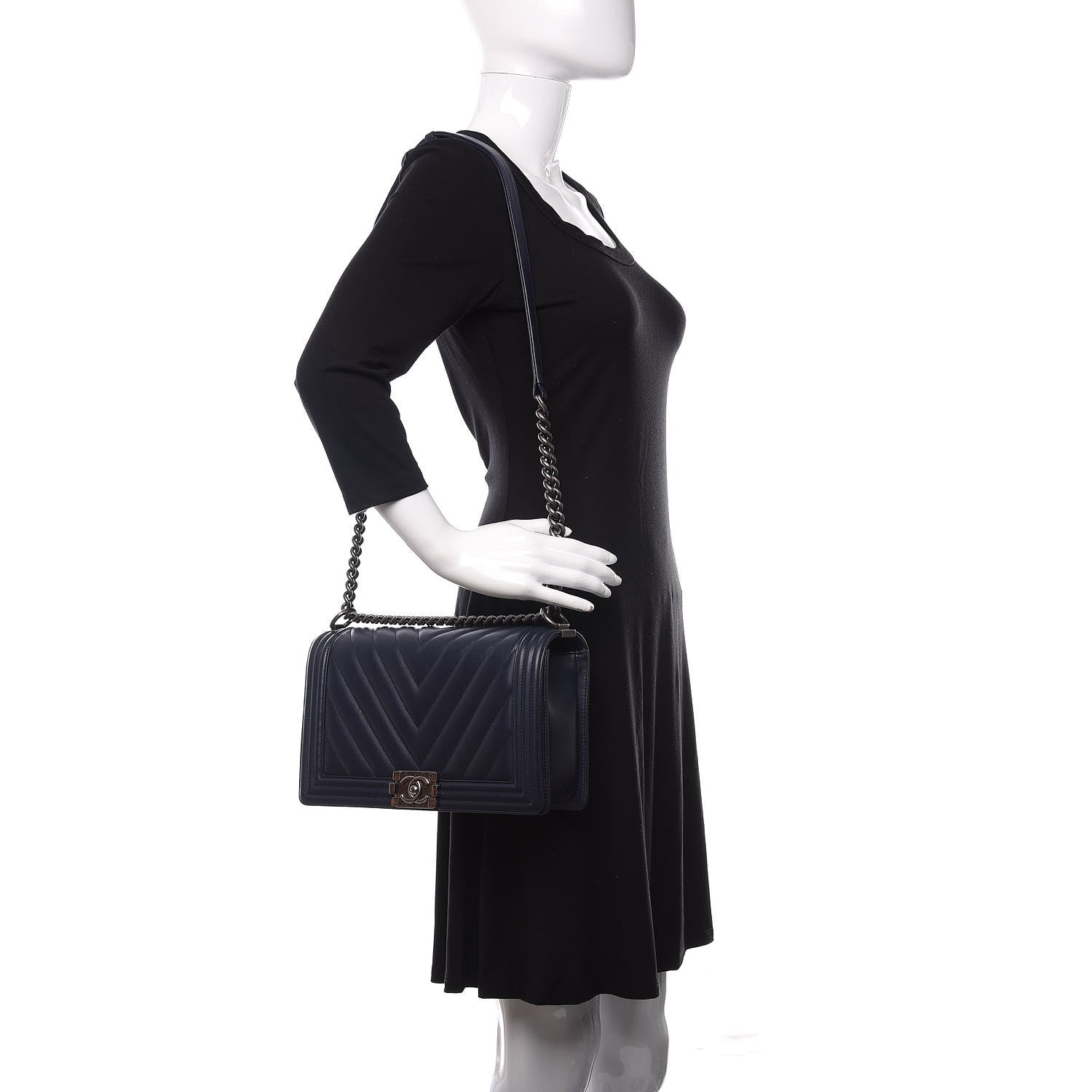 Chanel Calfskin Chevron Quilted New Medium Boy Flap Dark Navy Blue 2 of 10