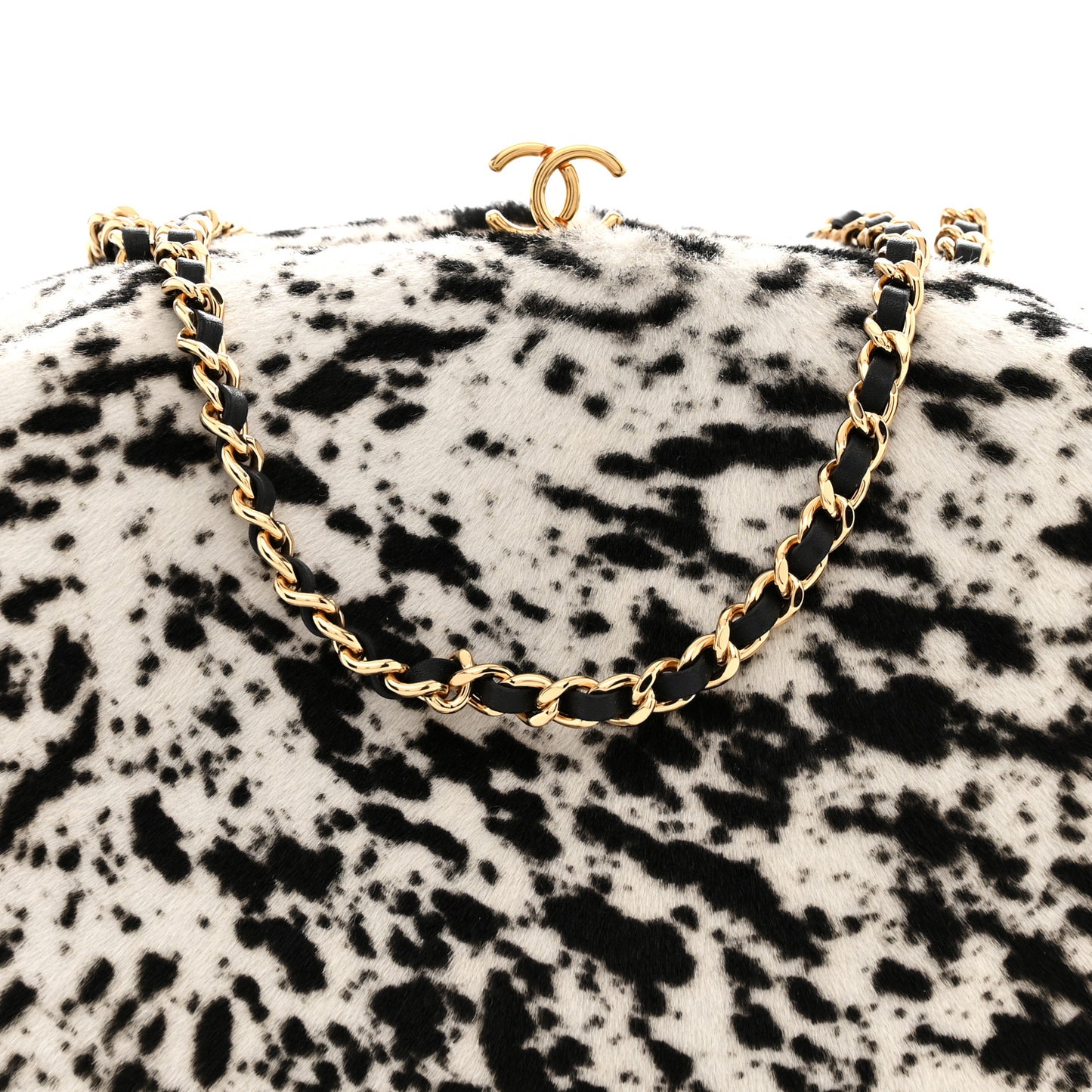 Pony Hair Printed Clutch With Chain Black White