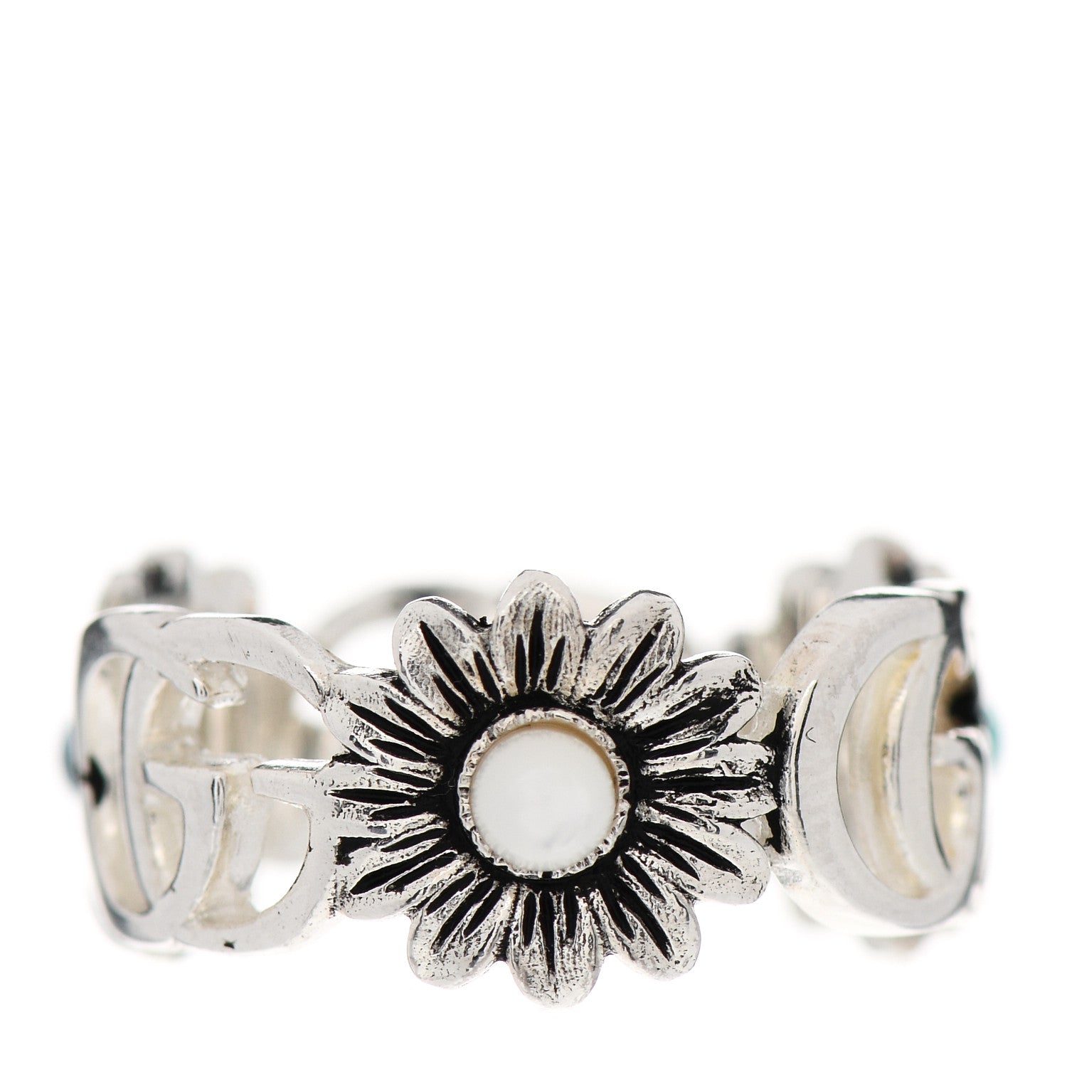 Gucci Sterling Silver Mother of Pearl Blue Topaz Flower Marmont Double G Ring 54 7 3 of 6