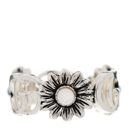 Gucci Sterling Silver Mother of Pearl Blue Topaz Flower Marmont Double G Ring 54 7 3 of 6