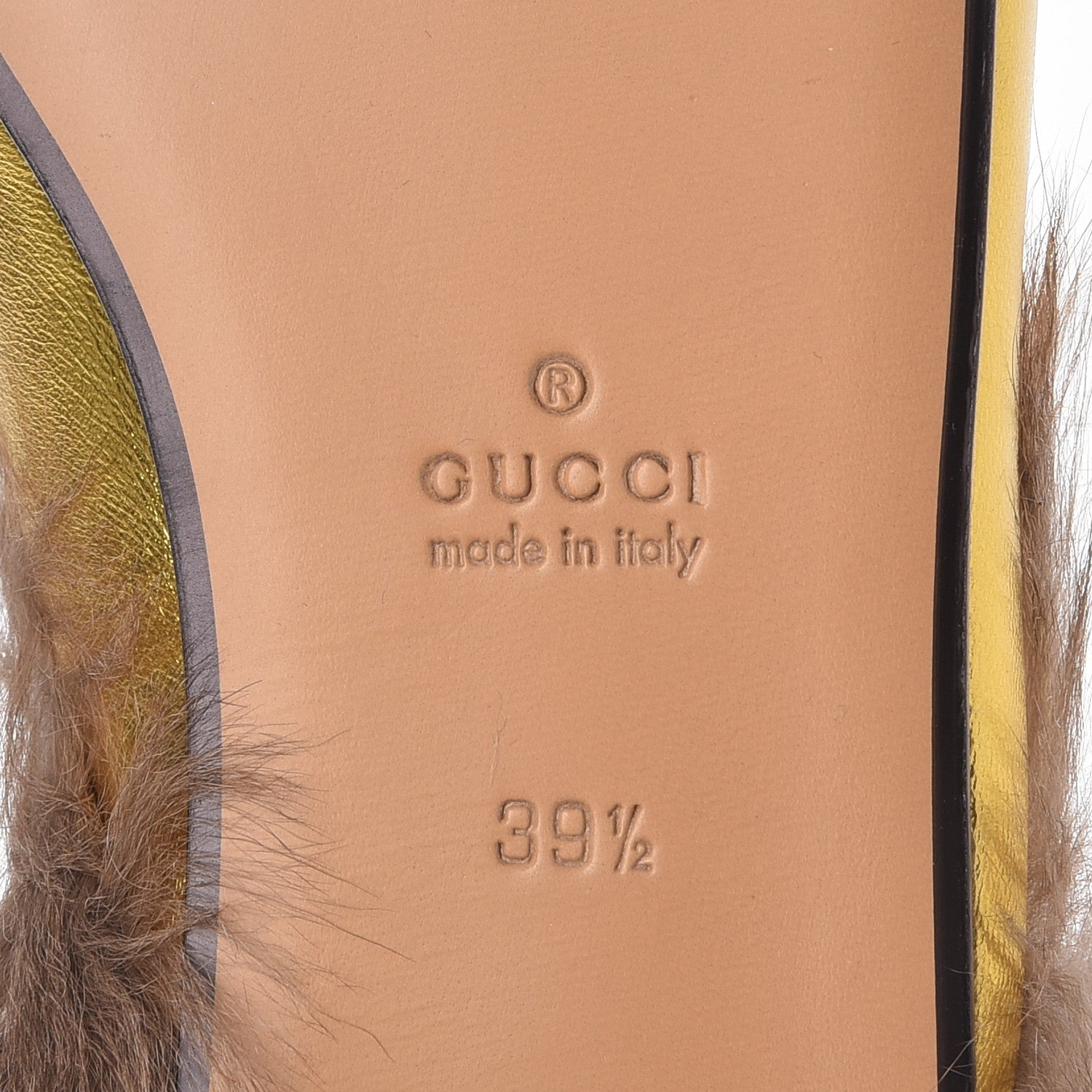 Gucci Metallic Nappa Fur Heart and Lips Womens Princetown Slippers 39.5 Gold 6 of 8