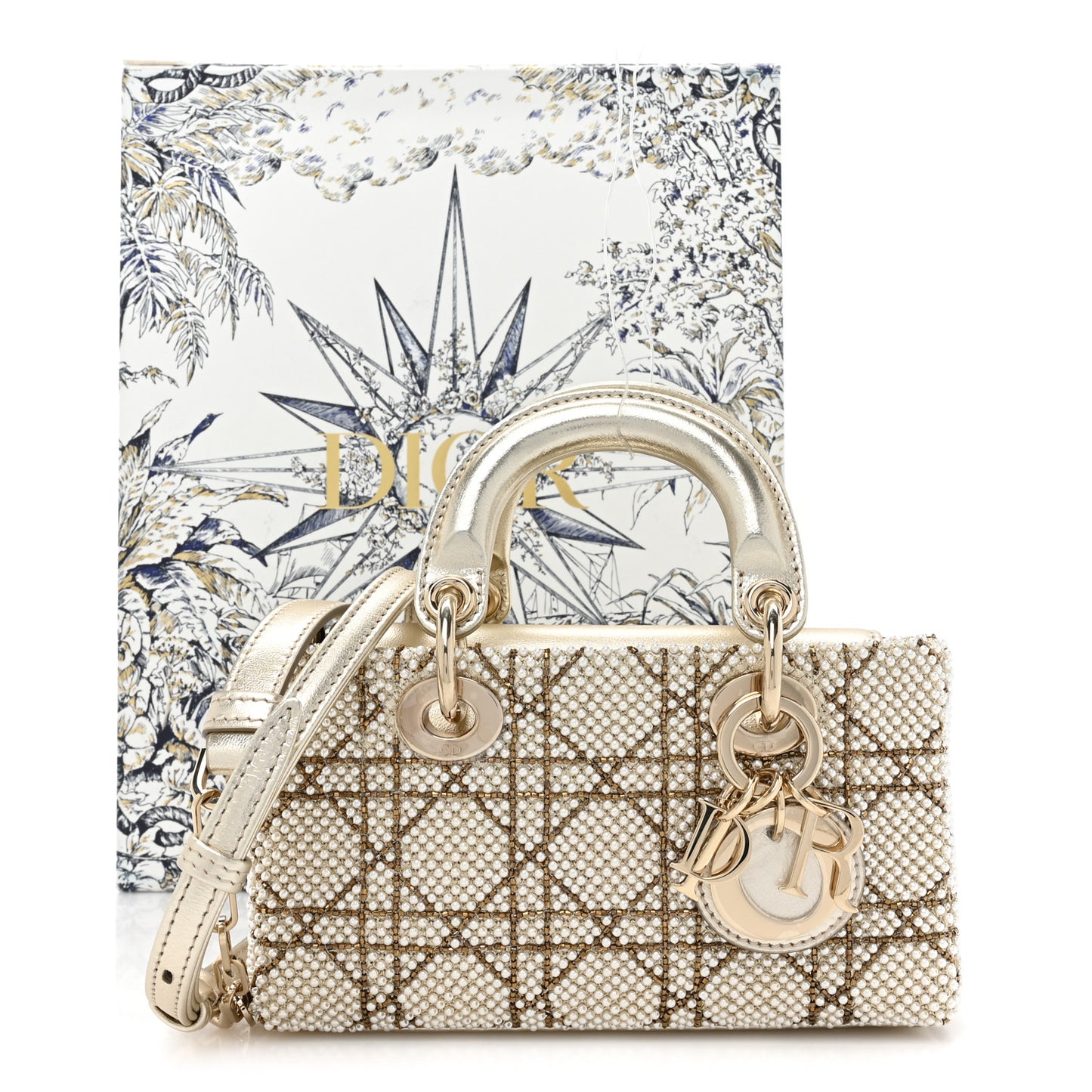 Lambskin Pearl Embroidered Micro Lady D-Joy Gold