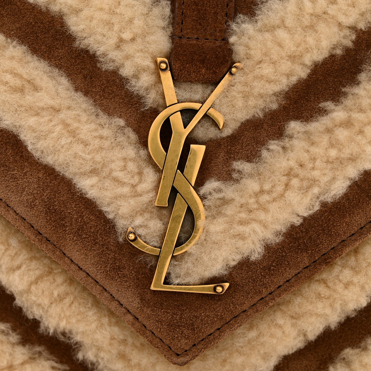 Nubuck Shearling Chevron Monogram Medium College Bag Dark Cigar Natural Beige