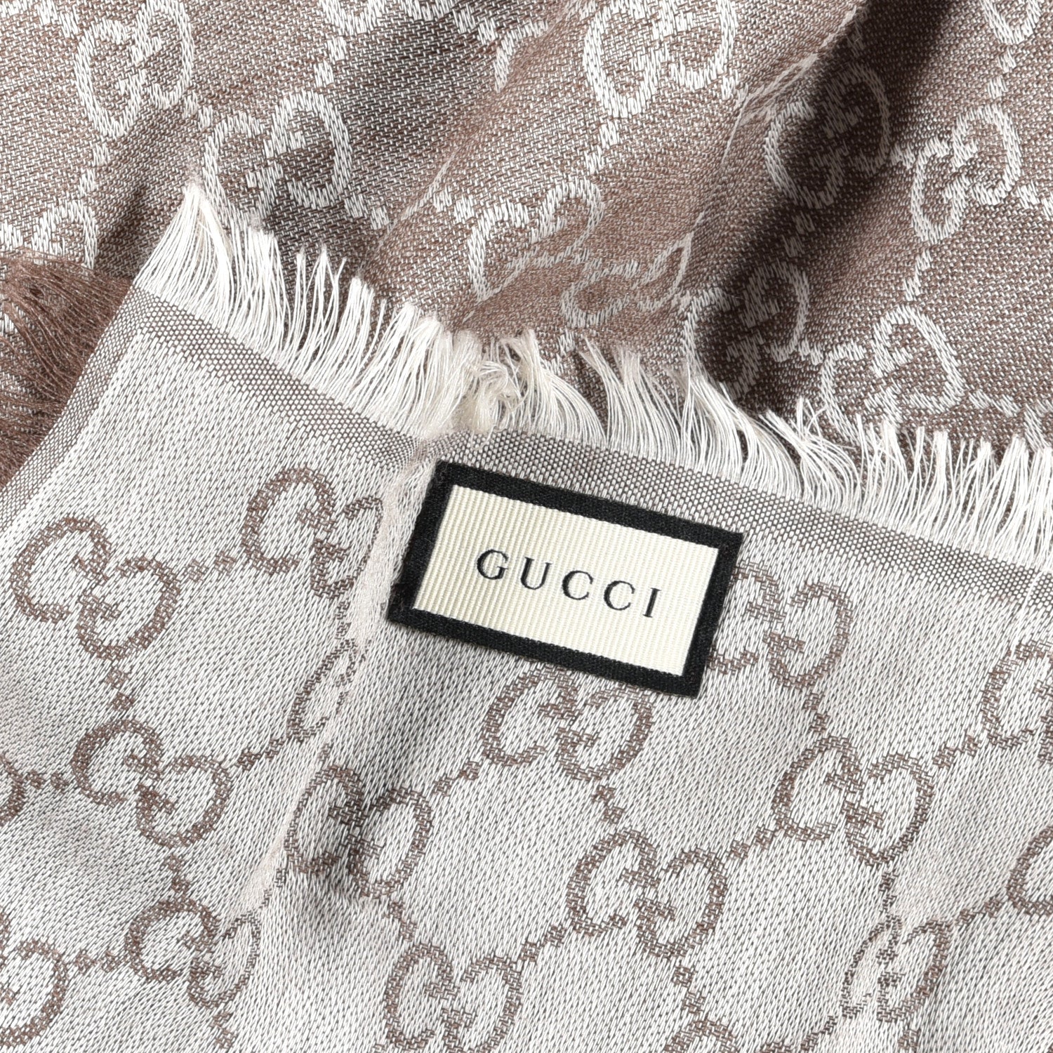 Gucci Wool Silk Monogram GGWeb Fringe Shawl Bitume Ivory 3 of 3