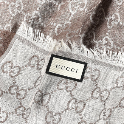 Gucci Wool Silk Monogram GGWeb Fringe Shawl Bitume Ivory 3 of 3