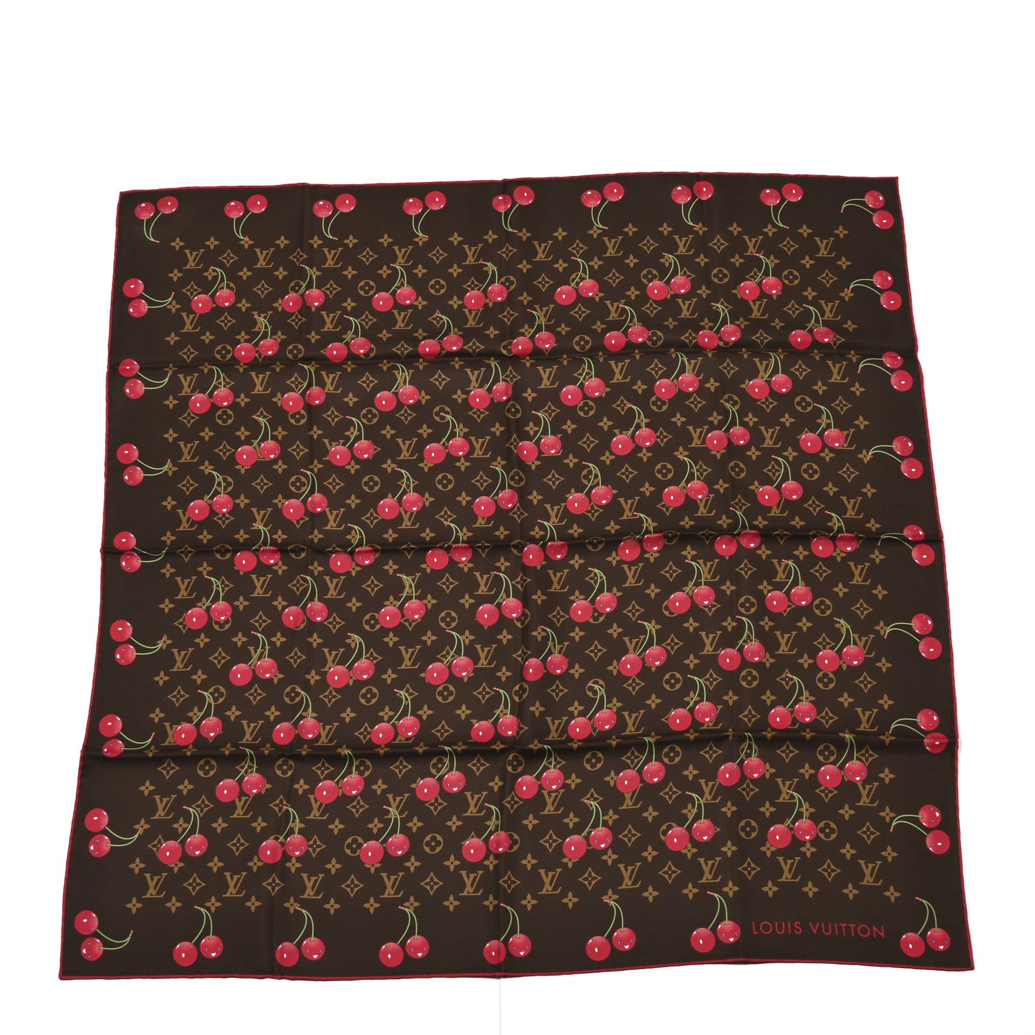Louis Vuitton LV X TM Silk Monogram Cerises Square Scarf 90 Brown 1 of 3