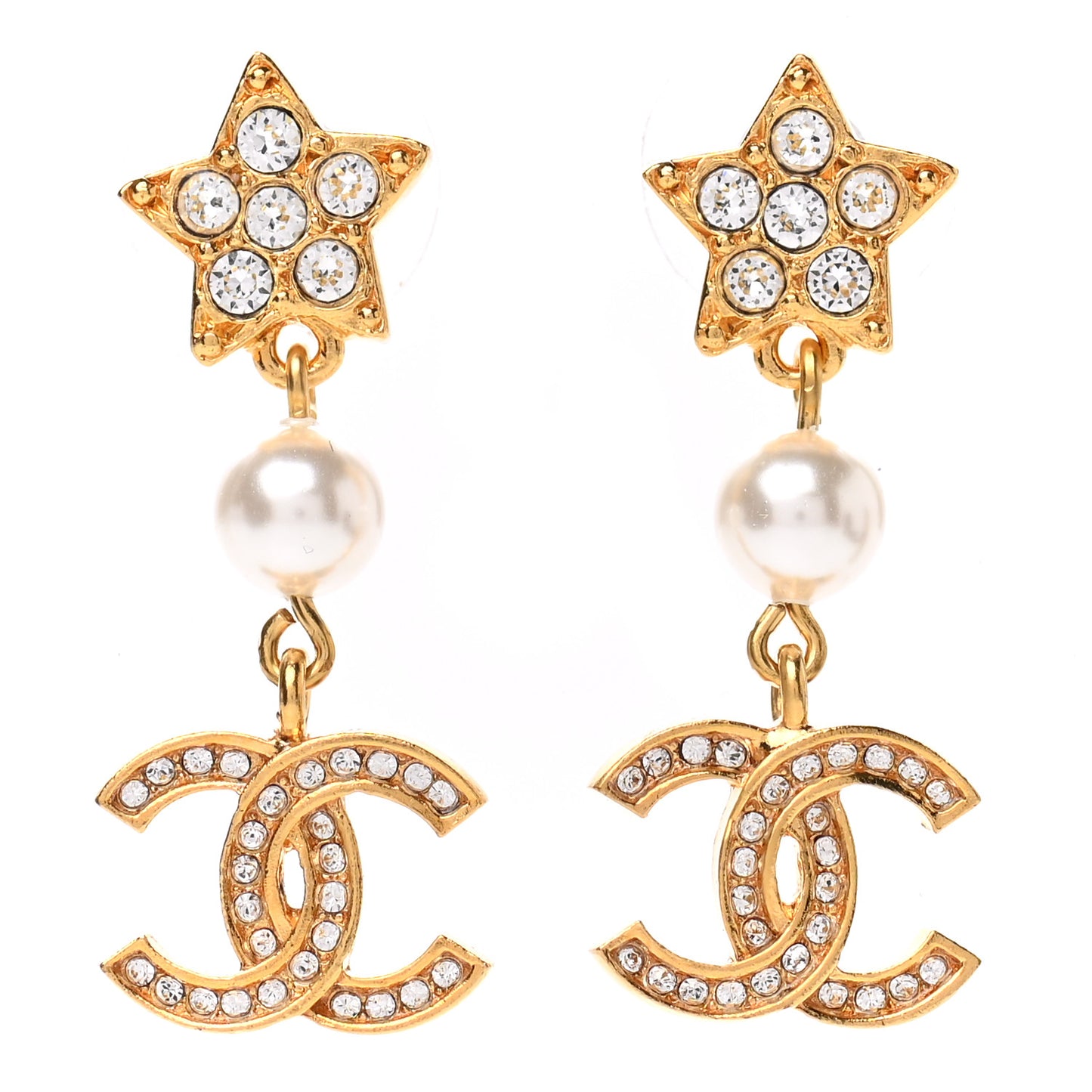 Crystal Pearl CC Star Drop Earrings Gold