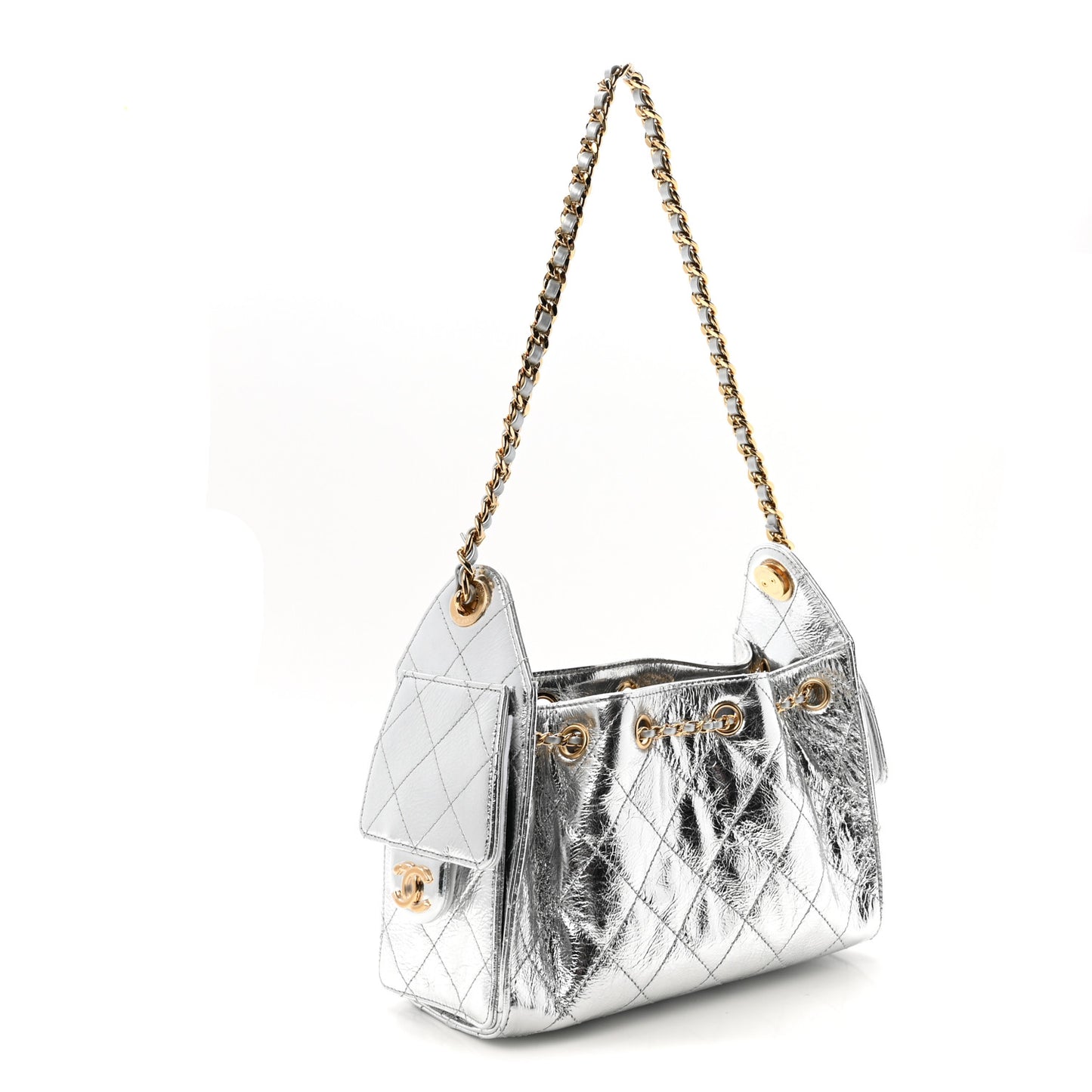 Metallic Aged Calfskin Quilted Mini Chanel 25 Handbag Silver