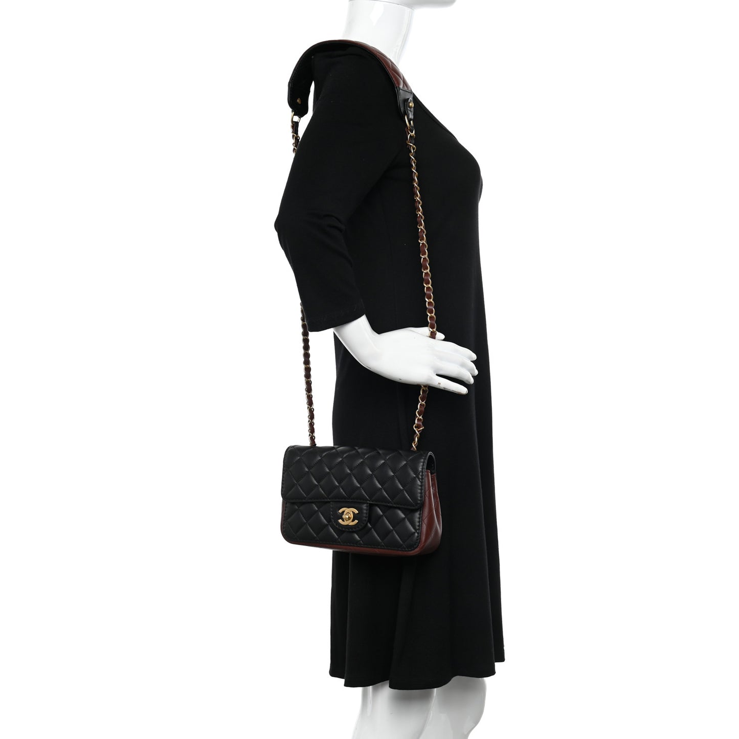 Calfskin Quilted Small Strap Into Flap Bag Black Burgundy