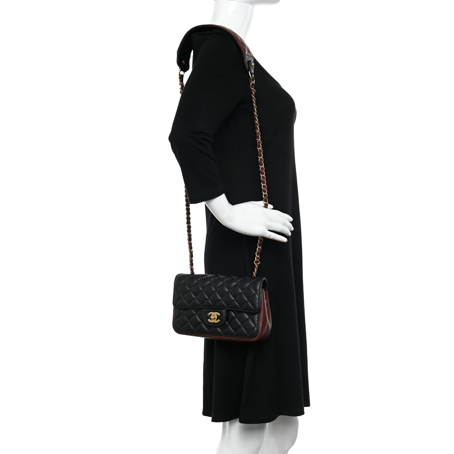 Chanel Calfskin Quilted Small Strap Into Flap Bag Black Burgundy 2 of 10