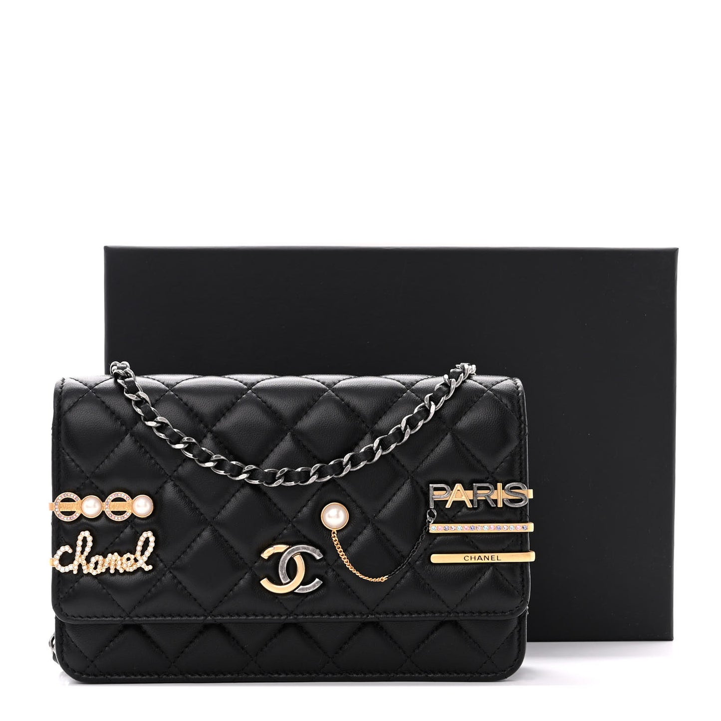 Lambskin Quilted Coco Clips Wallet On Chain WOC Black