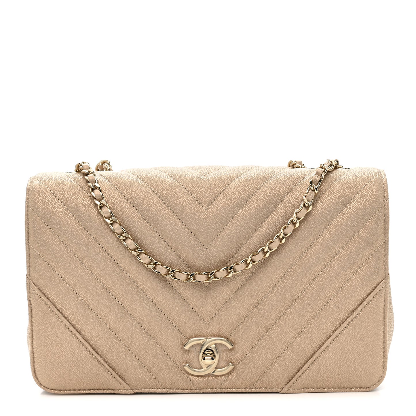 Metallic Caviar Chevron Quilted Medium Statement Flap Beige