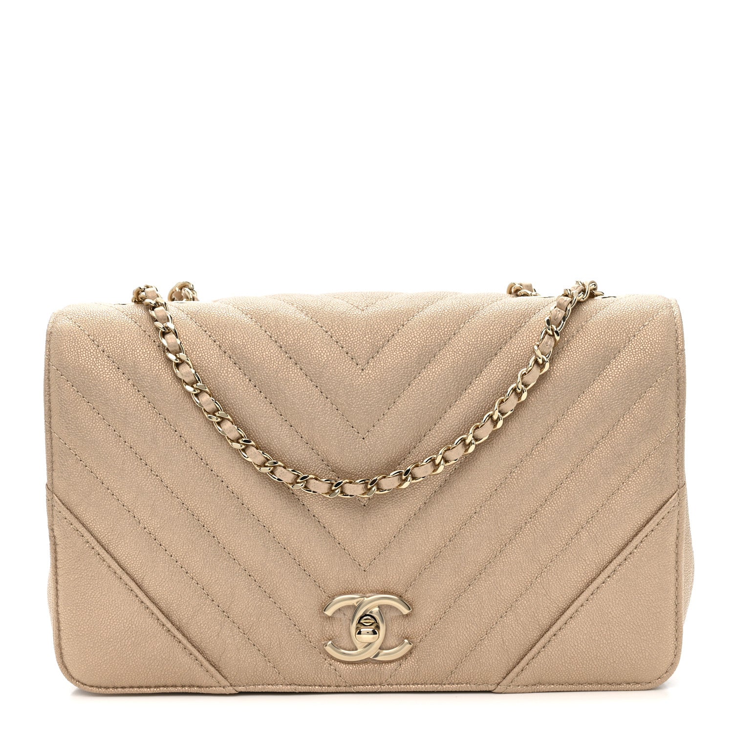 Chanel Metallic Caviar Chevron Quilted Medium Statement Flap Beige 1 of 11