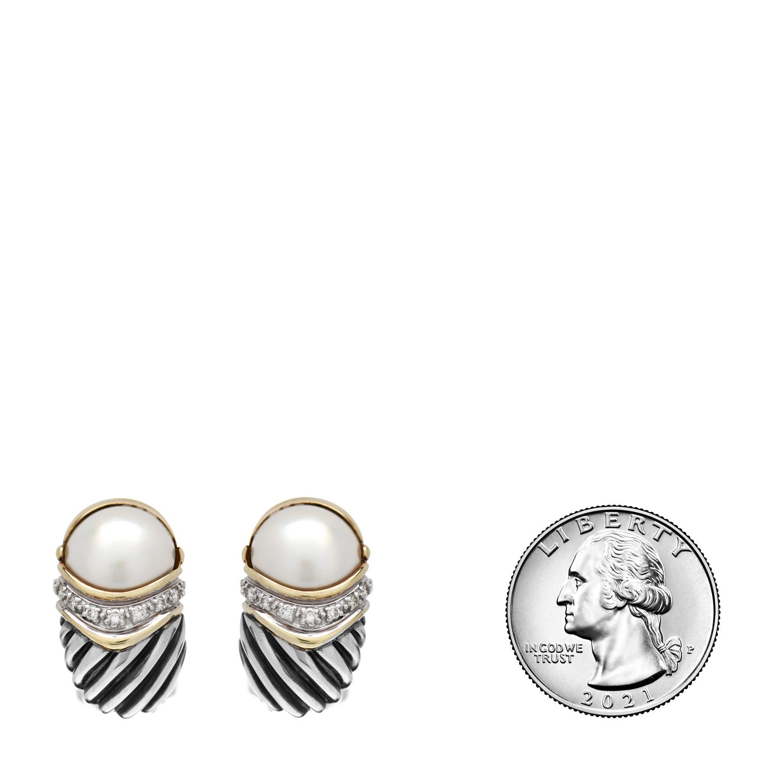 David Yurman Sterling Silver 14K Yellow Gold Diamond Pearl Shrimp Earrings 2 of 4