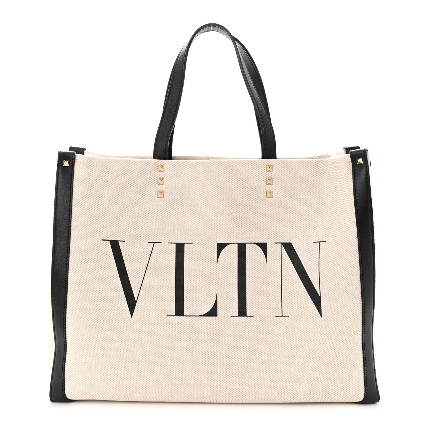 Canvas Calfskin VLTN Print Small Rockstud Tote Naturale Black