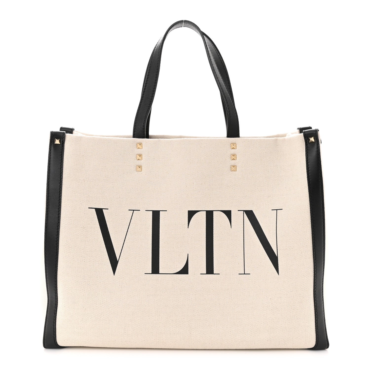 Valentino Garavani Canvas Calfskin VLTN Print Small Rockstud Tote Naturale Black 1 of 9