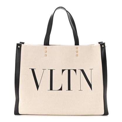 Valentino Garavani Canvas Calfskin VLTN Print Small Rockstud Tote Naturale Black 1 of 9