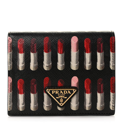 Prada Saffiano Lipstick Print Bi-Fold Wallet Black 1 of 12