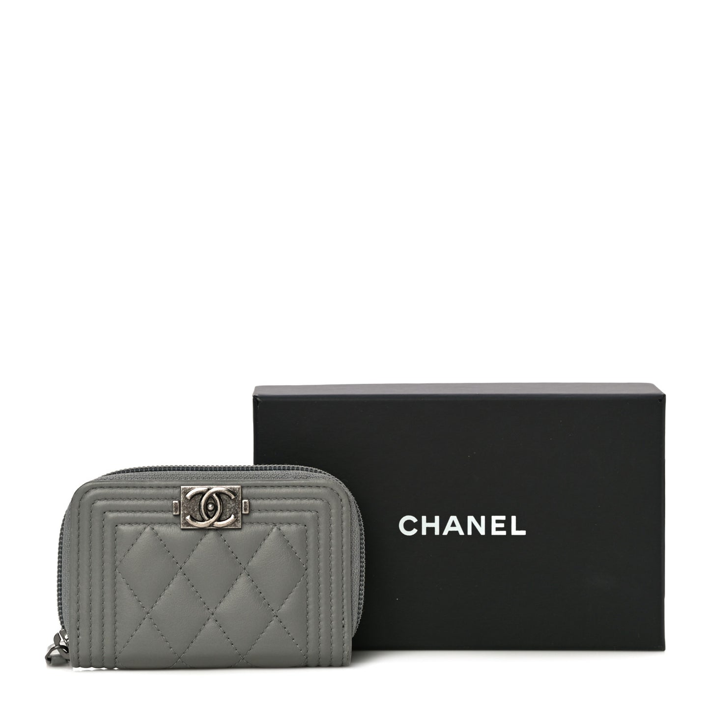 Lambskin Quilted Boy Zip Around Coin Purse Wallet Grey