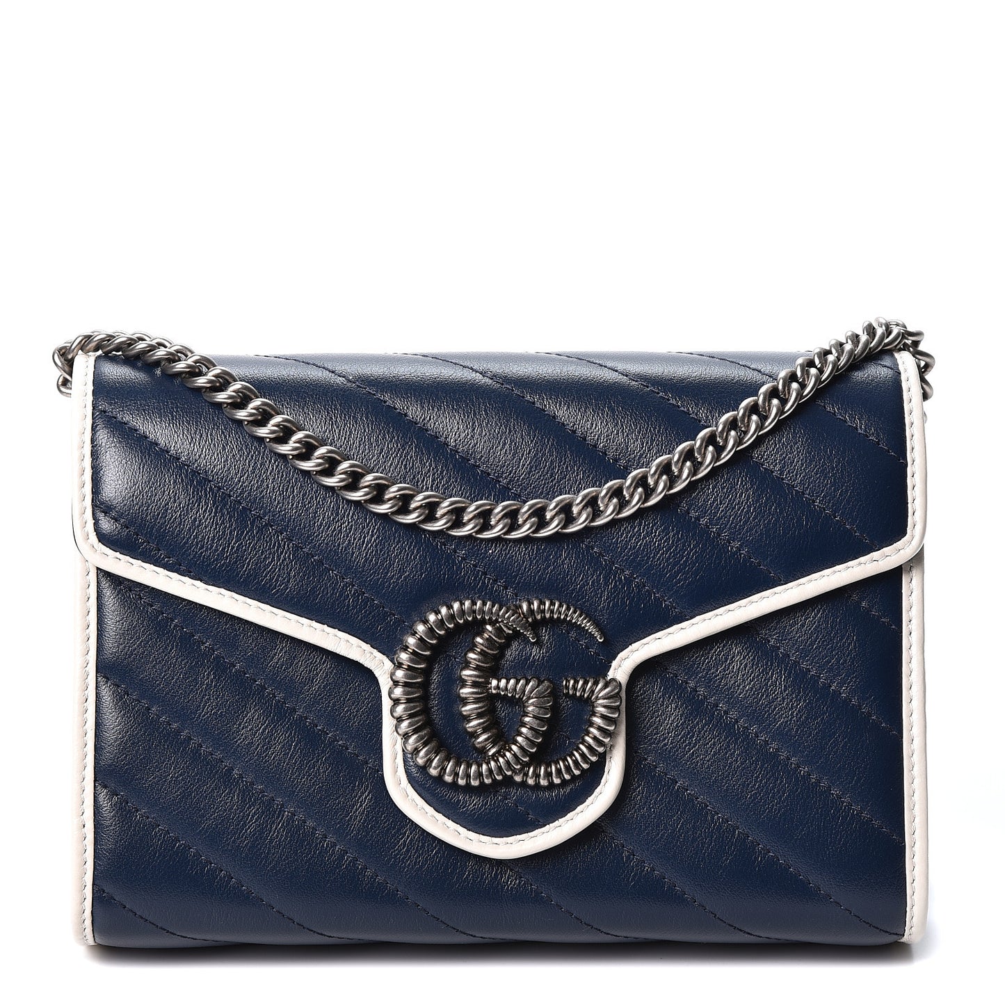 Vintage Effect Calfskin Matelasse Diagonal Torchon GG Marmont Chain Wallet Blue Agata Mystic White