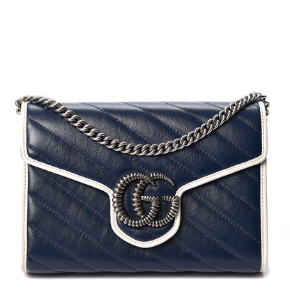Gucci Vintage Effect Calfskin Matelasse Diagonal Torchon GG Marmont Chain Wallet Blue Agata Mystic White 1 of 10