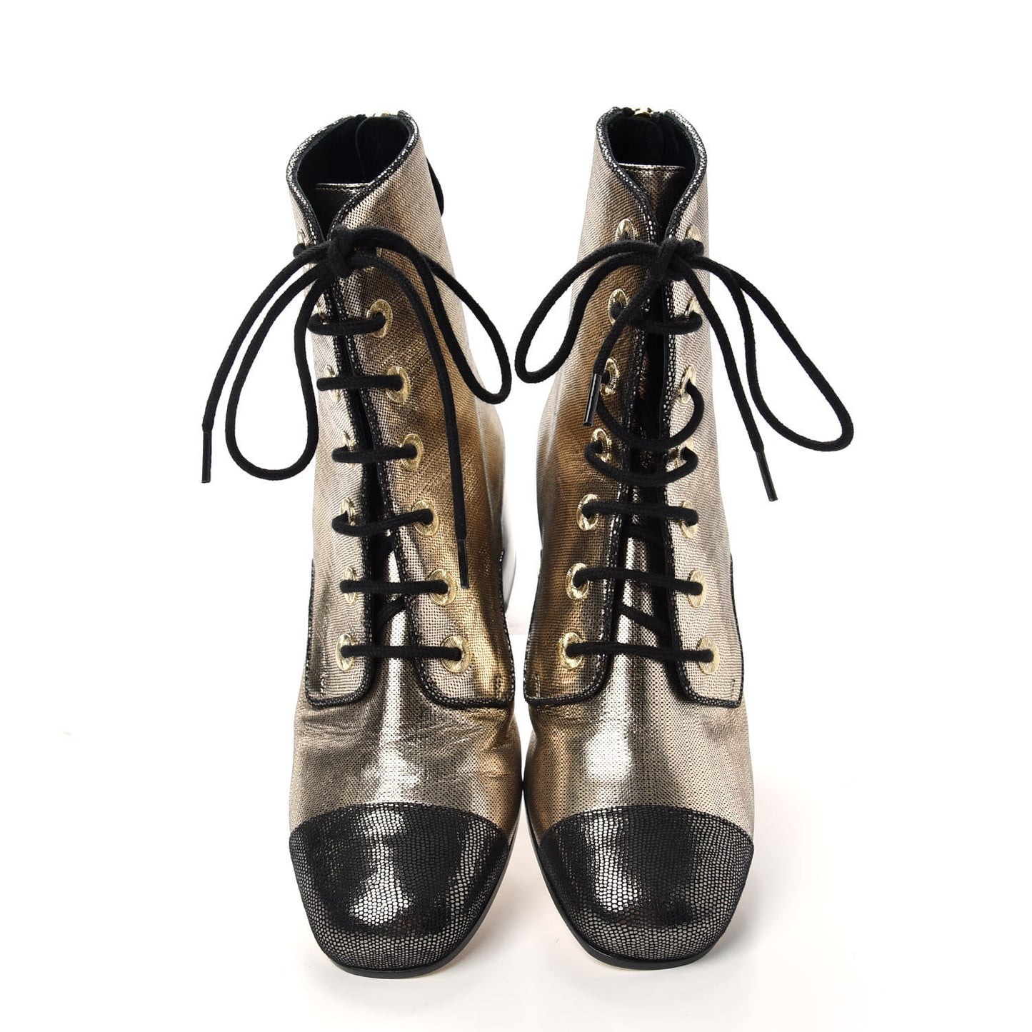 Laminated Calfskin CC Lace Up Short Boots 35.5 Gold Silver