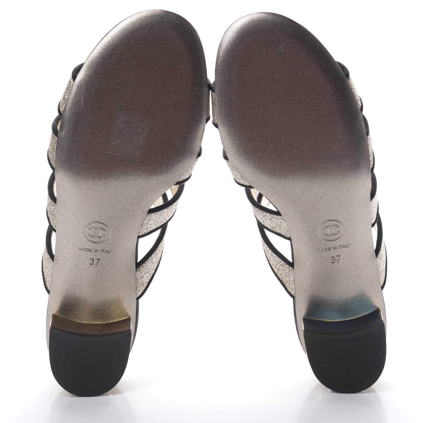 Sequin Grosgrain Logo Mules 37 Black Gold