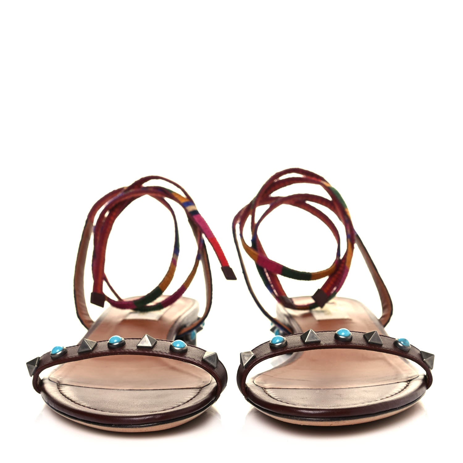 Valentino Garavani Calfskin Embroidered Rockstud Rolling Wrap Sandals 39 Brown 2 of 8
