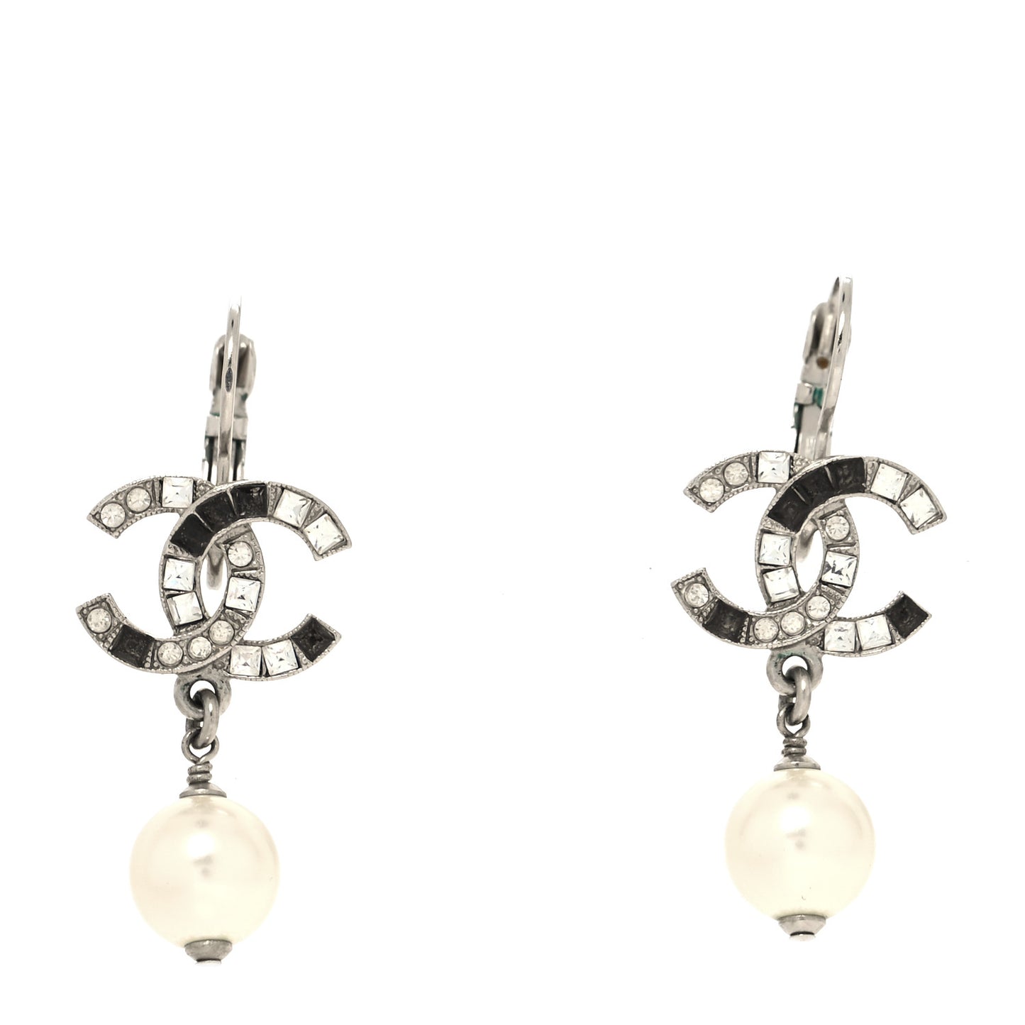 Baguette Crystal Pearl CC Drop Earrings Silver Black
