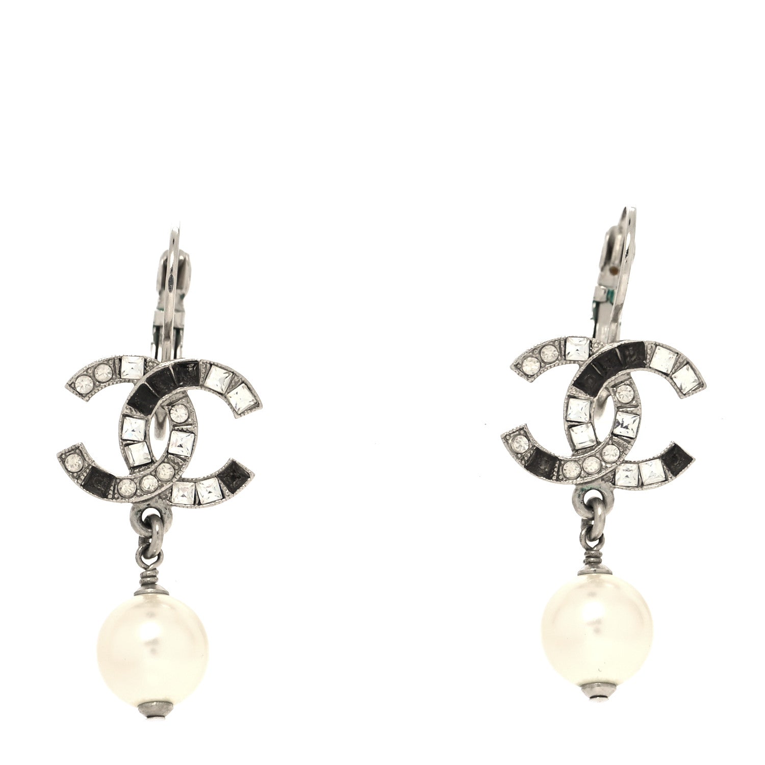 Chanel Baguette Crystal Pearl CC Drop Earrings Silver Black 1 of 4