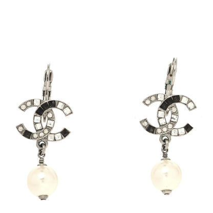 Chanel Baguette Crystal Pearl CC Drop Earrings Silver Black 1 of 4