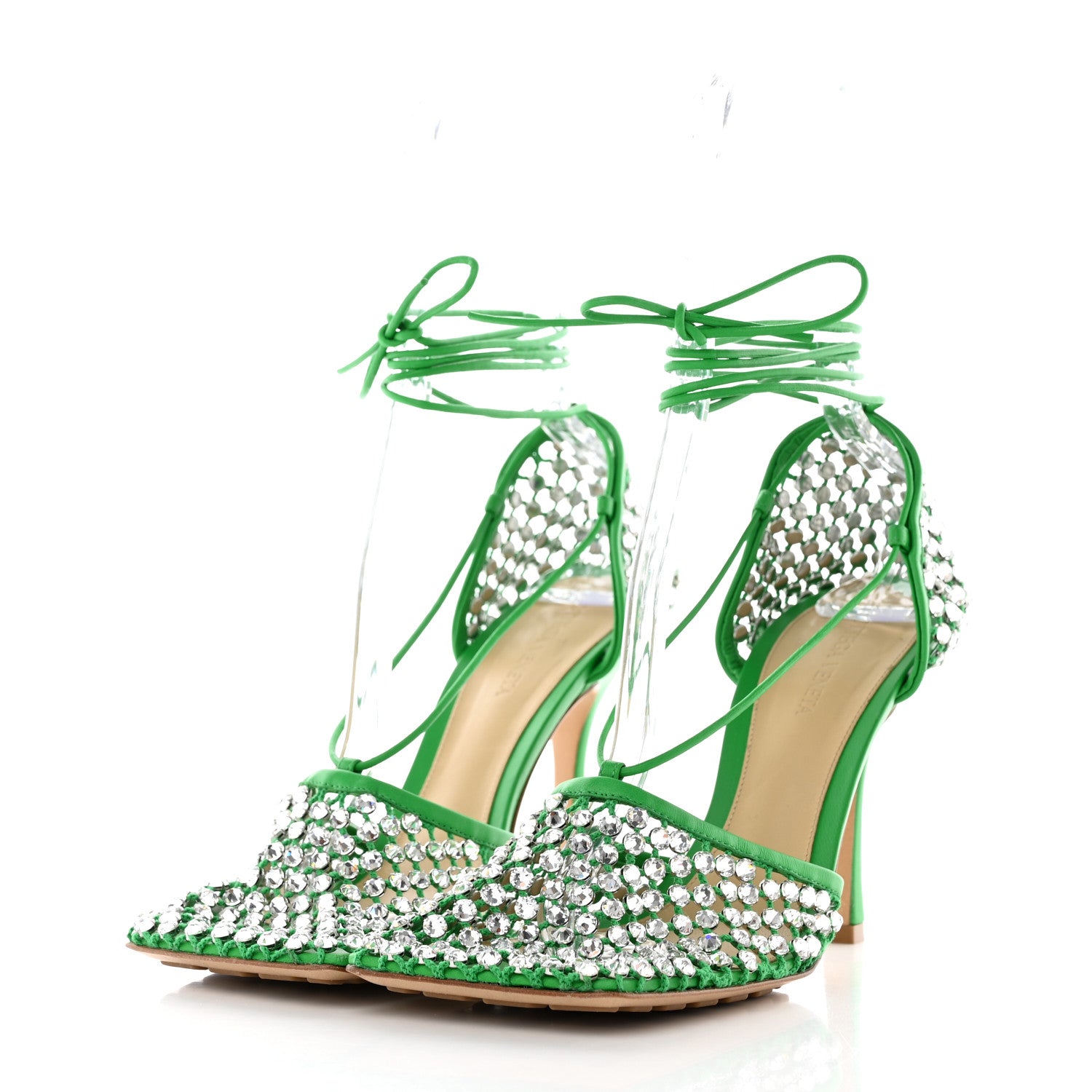 Bottega Veneta Mesh Nappa Crystal Embellished Sparkle Stretch Ankle Tie Sandals 41 Parakeet 3 of 15