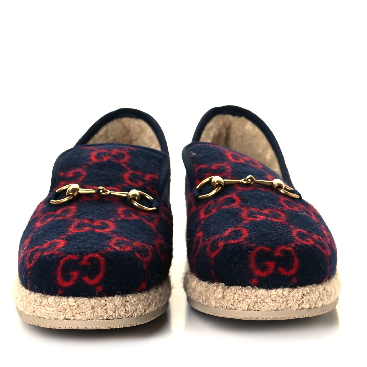 Covered Wool GG Monogram Mens Fria Horsebit Loafers 7 Blue Red Butterscotch