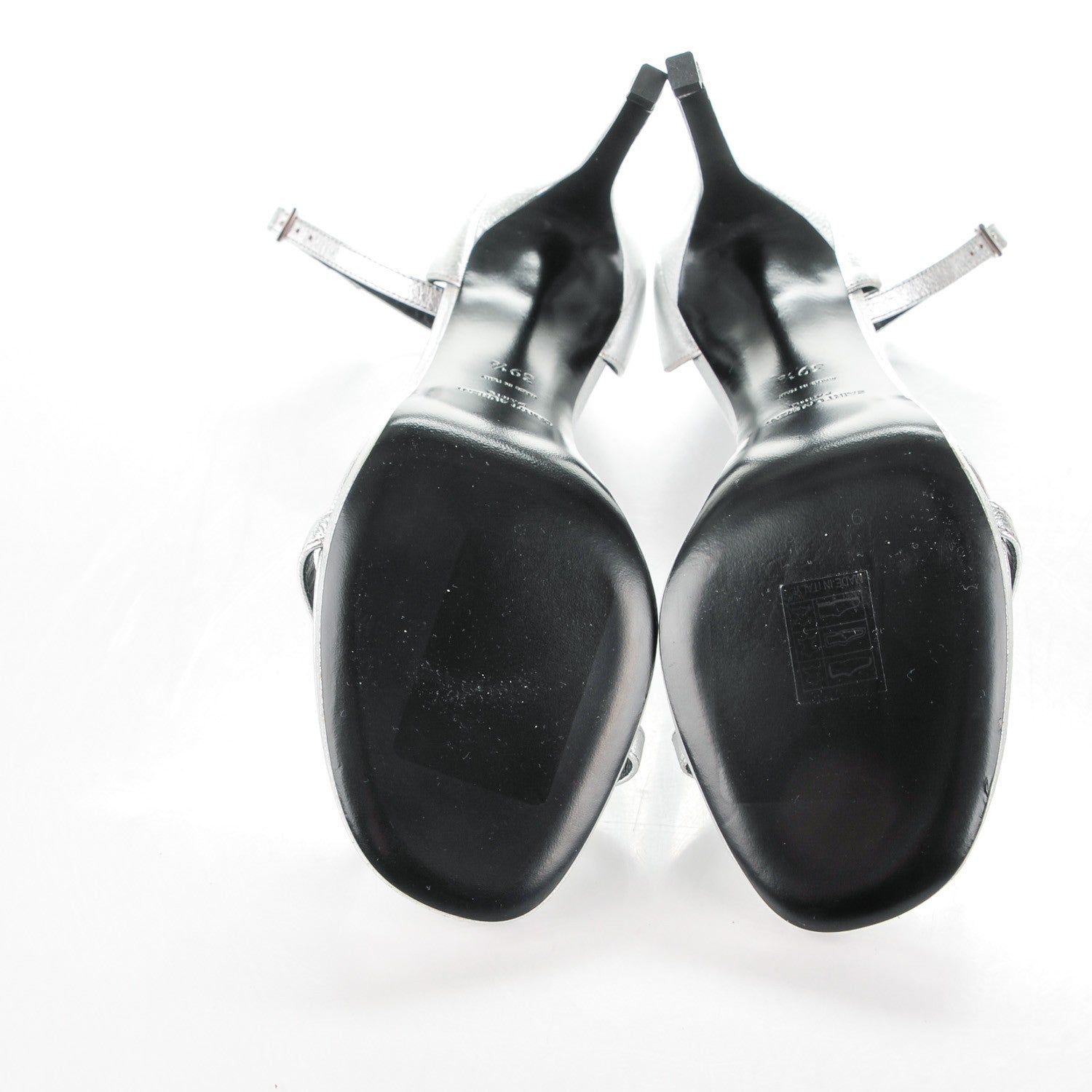 Saint Laurent Crackled Metallic Calfskin Jane 110 Ankle Strap Sandals 39.5 Silver 5 of 7
