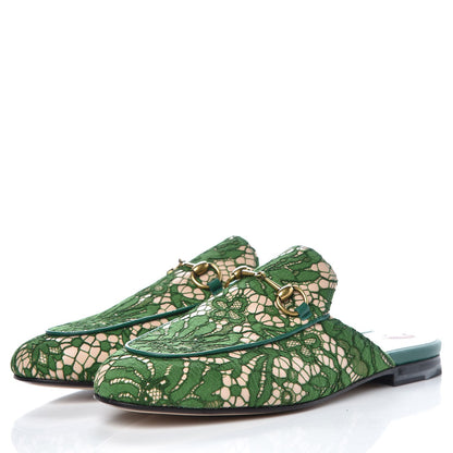 Gucci Lace Malaga Kid Womens Princetown Slippers 38 Green Grass Skin Rose 3 of 10