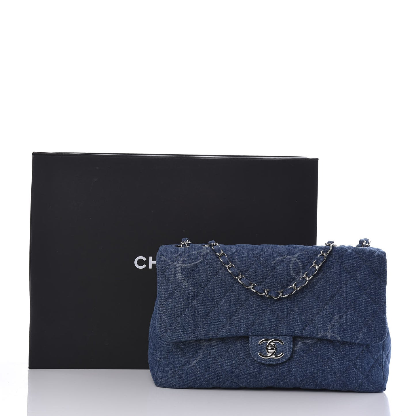 Denim Quilted CC Print Jumbo Single Flap Blue
