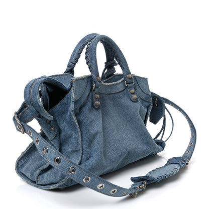 Balenciaga Washed Frayed Denim Crystal Neo Cagole City Handbag Blue 3 of 11